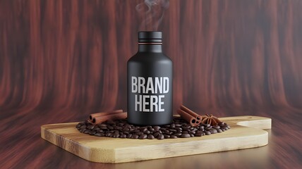 Espresso bottle with steam, spices, and coffee beans on rustic cutting board – Perfect for product advertising, artisanal coffee campaigns, or gourmet marketing