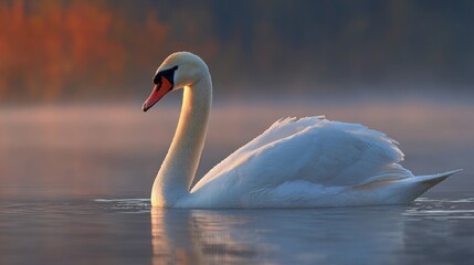 Elegant white swan gliding on calm water du sunrise with mist and colorful background