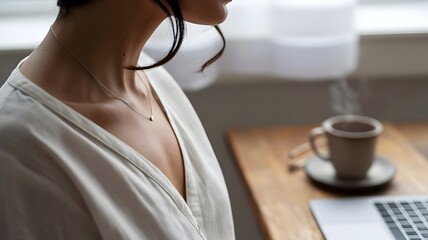 Soft portrait of woman’s collarbone and necklace in white linen blouse – Great for effortless fashion branding, serene lifestyle visuals, or elegant office scenes