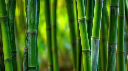 Fototapeta premium Close-up of vibrant green bamboo stalks growing in a lush dense jungle environment.