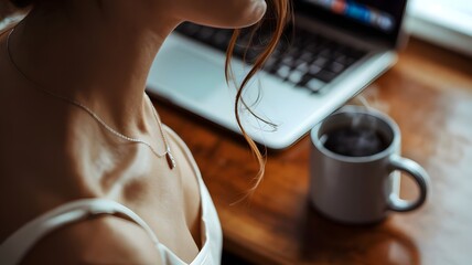 Intimate portrait of woman’s neck in pearl necklace with warm desk setting – Ideal for calm productivity themes, creative workspaces, or minimal lifestyle content