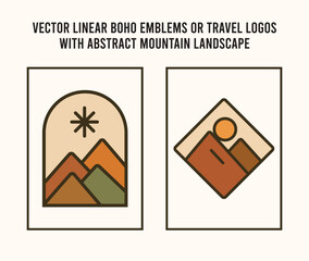 Vector Boho Travel Logo Set with Abstract Mountain Line Art