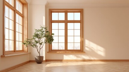 Bright empty room with large windows and wooden floors illuminated by sunlight.