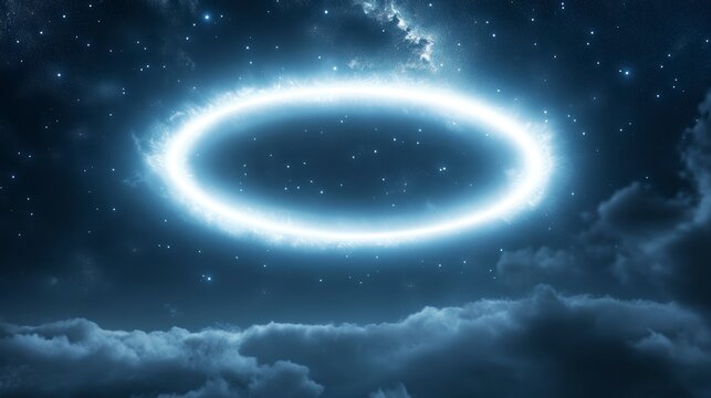 Glowing elliptical ring above clouds and starry night sky. - Powered by Adobe