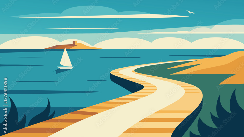 Poster a serene coastal scene showcasing a sailboat navigating calm waters with a path leading to a tranqui