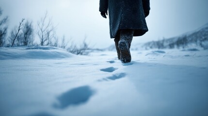 Solitary person walking through snow-covered landscape during cold winter day.