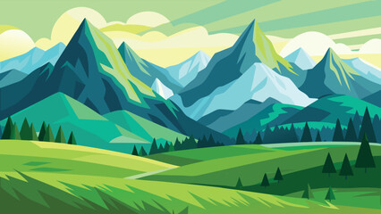 A serene minimalist landscape featuring majestic mountain peaks lush green fields and a vibrant sunny sky representing natural beauty and tranquility