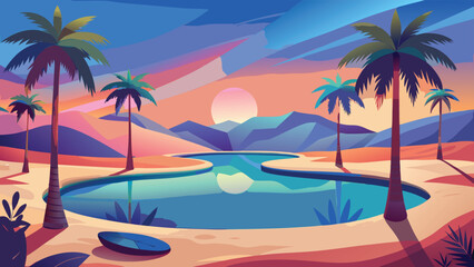 A serene sunset over a tropical oasis featuring palm trees a tranquil pool and a minimalist landscape in a vibrant color palette