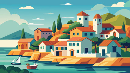 A tranquil minimalist landscape of a coastal village with charming houses nestled on the shore and sailboats gently gliding across the sea.
