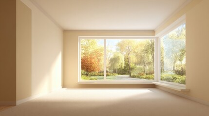 Obraz premium Bright empty room with large window overlooking lush garden and sunlight.