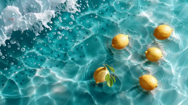 Lemons floating in turquoise water, creating a refreshing summer scene with vibrant colors.