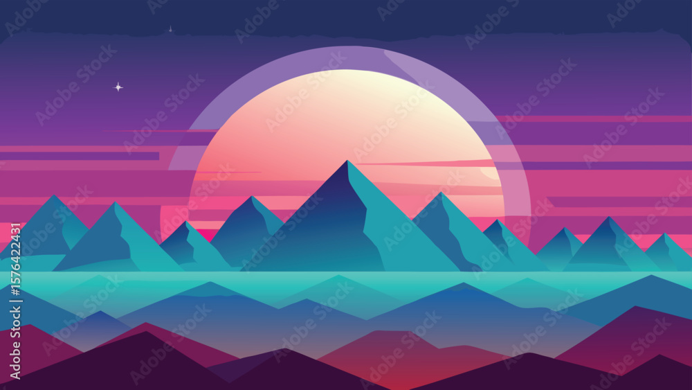Poster a vibrant minimalist landscape with abstract mountain ranges and gradient sky suitable for various d