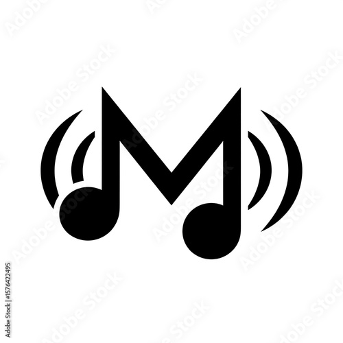 Musical M Note Icon with Sound Waves Black and White Design
