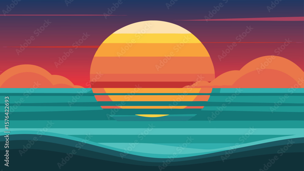 Poster abstract minimalist illustration of sunset over the ocean with a gradient color scheme perfect for v