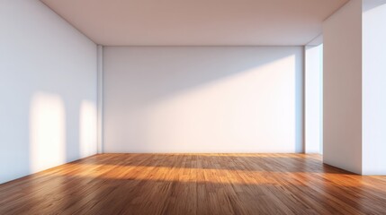 Fototapeta premium Bright empty modern room with large window, natural sunlight, wooden floor, minimalist interior design.