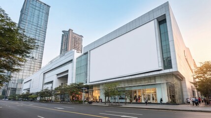 Modern urban shopping mall with large digital billboard exterior and glass facade.