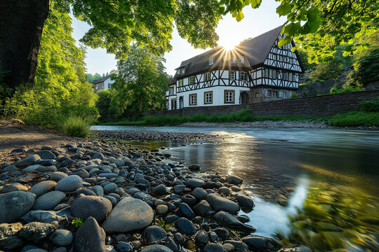 AI generator images of confluence of the Kinzig and Schiltach rivers in the Black Forest.view of historic town of Schiltach in Germany