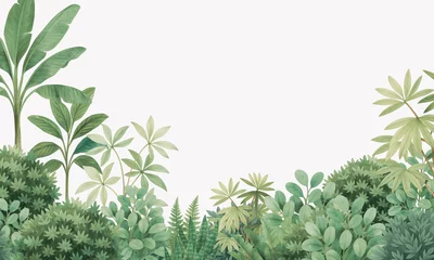 Canvas schilderij Jungle Watercolor Jungle Border – Tropical Foliage with Soft Pastel Background and Birds   © csinie1