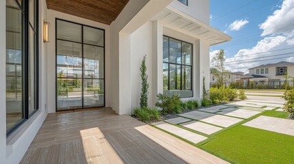 modern white house exterior with large glass and lush garden landscape
