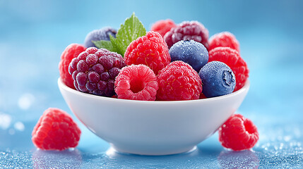 fresh mixed berries in white bowl with misty background, blue-gray color palette.	