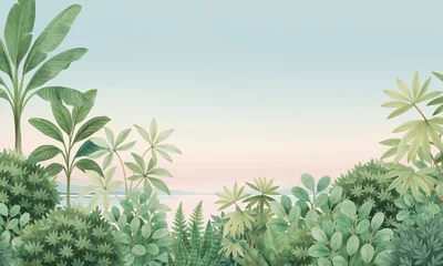 Canvas schilderij Jungle Sunset in Jungle – Watercolor Tropical Foliage with Warm Horizon and Dense Leaves   © csinie1