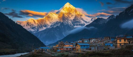 AI generator images of Typical Himalayan landscape ,Breathtaking Panoramic View of a Himalayan Village  © Nan sarin