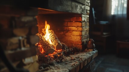 Cozy brick fireplace with burning wood logs, emitting warm light and heat in a rustic room.