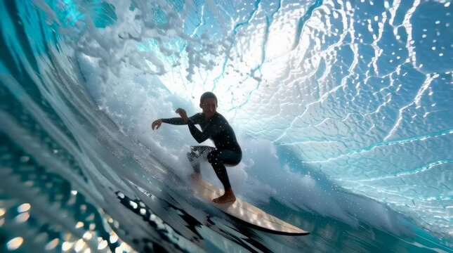A surfer skillfully rides a powerful wave, captured from an underwater perspective.