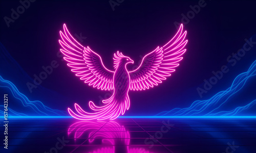 Neon Phoenix Rising: Futuristic Landscape with Glowing Bird and Reflection