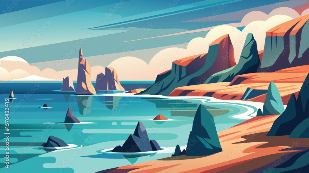 Poster coastal landscape artwork depicting a tranquil beach with towering cliffs and sharp rock formations 