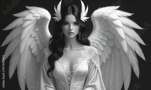 Elegant Woman with Angel Wings in White Lace Robe, Dark Background