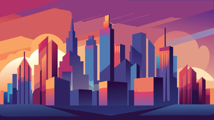 Colorful stylized cityscape illustration depicting modern skyscrapers and buildings with geometric shapes and a striking sunset in a minimalist landscape