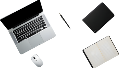 Streamlined Workspace Elevate Productivity with Minimalist Laptop, Notebook, and Pen Setup.  Perfect for Focused Work and Creative Projects. Achieve Efficiency and Organization.