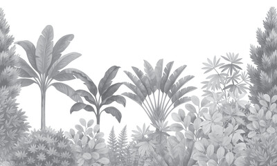 Black and White Jungle Mural – Tropical Botanical Forest Silhouette
