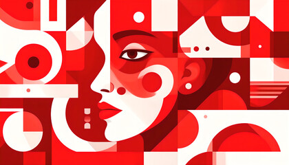 Abstract Red and White Portrait of a Woman with Geometric Shapes
