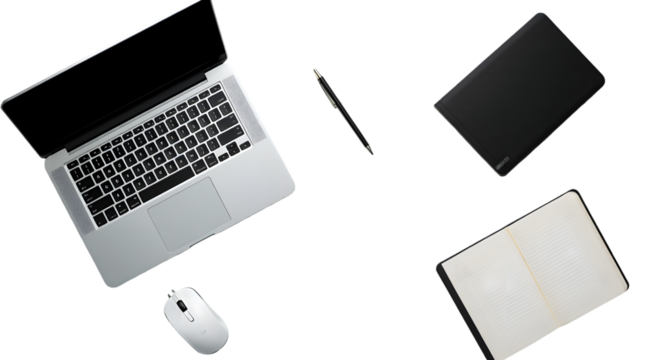 Streamlined Workspace Elevate Productivity with Minimalist Laptop, Notebook, and Pen Setup.  Perfect for Focused Work and Creative Projects. Achieve Efficiency and Organization.