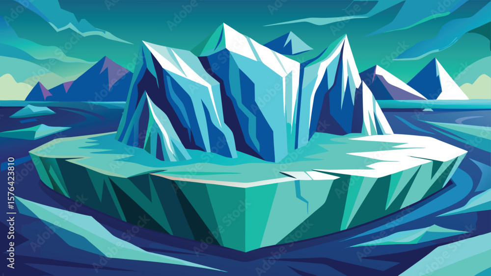 Poster illustrative depiction of an iceberg in an arctic environment with cool color tones suitable for var