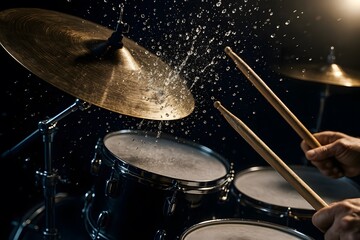 Dramatic Drumstick Strike on Cymbal with Water Splash – High-Speed Music Action Scene