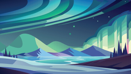 Minimalist landscape depicting a serene aurora borealis over mountains and a tranquil lake in night time scenery
