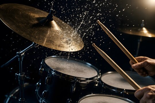 Dramatic Drumstick Strike on Cymbal with Water Splash – High-Speed Music Action Scene - Powered by Adobe