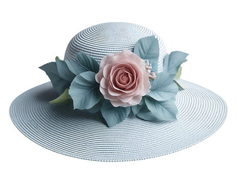 Elegant Floral Hat with Pink Rose and Blue-Green Leaves