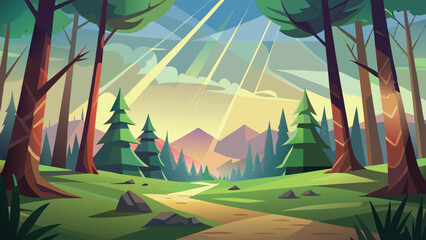 Minimalist landscape illustration depicting a sunny forest scene with trees mountains and a winding pathway suitable for diverse design purposes