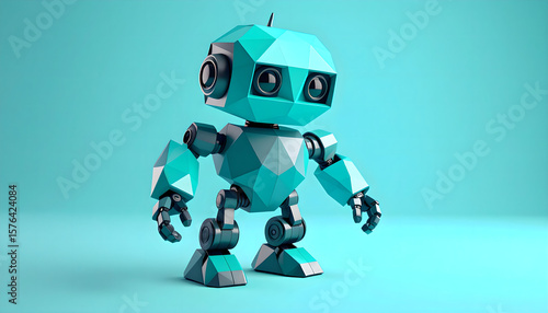 Cute Teal Robot Standing Isolated on Blue Background, AI Concept