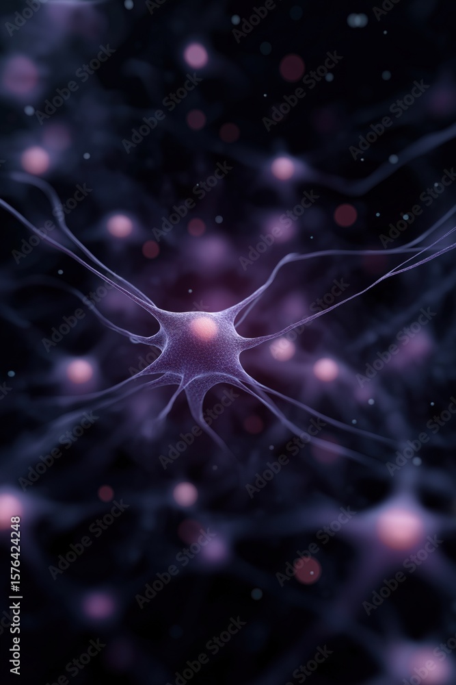 Poster intricate neural network with purple synapses on dark background