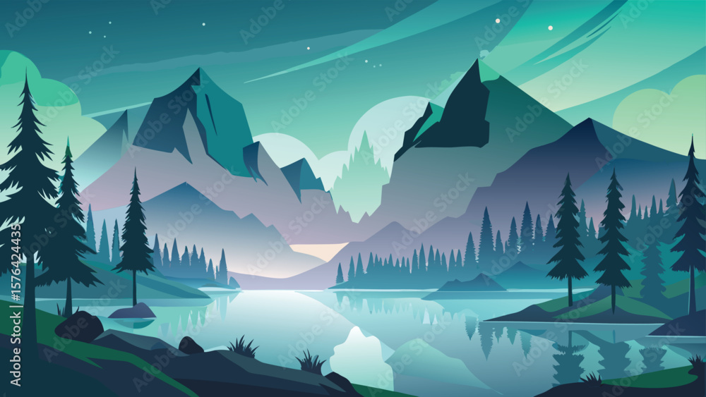 Poster serene minimalist landscape featuring mountains trees and lake reflections with atmospheric cloudy s