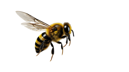 Close-up Photography of a Honeybee in Flight, Isolated on White Background Detailed View of Insect Anatomy and Wings