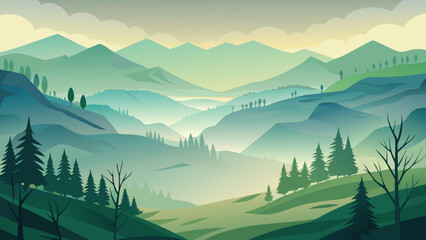 Serene minimalist landscape illustration depicting misty mountains, trees, and a tranquil nature scene with layered colors