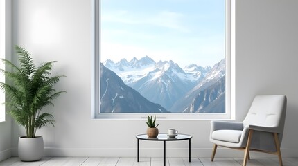 Modern interior with a view of the snow-capped peaks through a large panoramic window. A cozy white armchair and a coffee table create an atmosphere of peace and comfort.