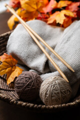 Knitting Needles and Yarn with Fall Leaves – Close-Up Cozy Detail from Alternate Angle
