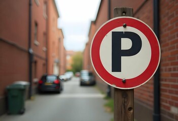 Simple vector illustration of no parking sign, red circle with black P and diagonal slash, clean flat style, isolated on white